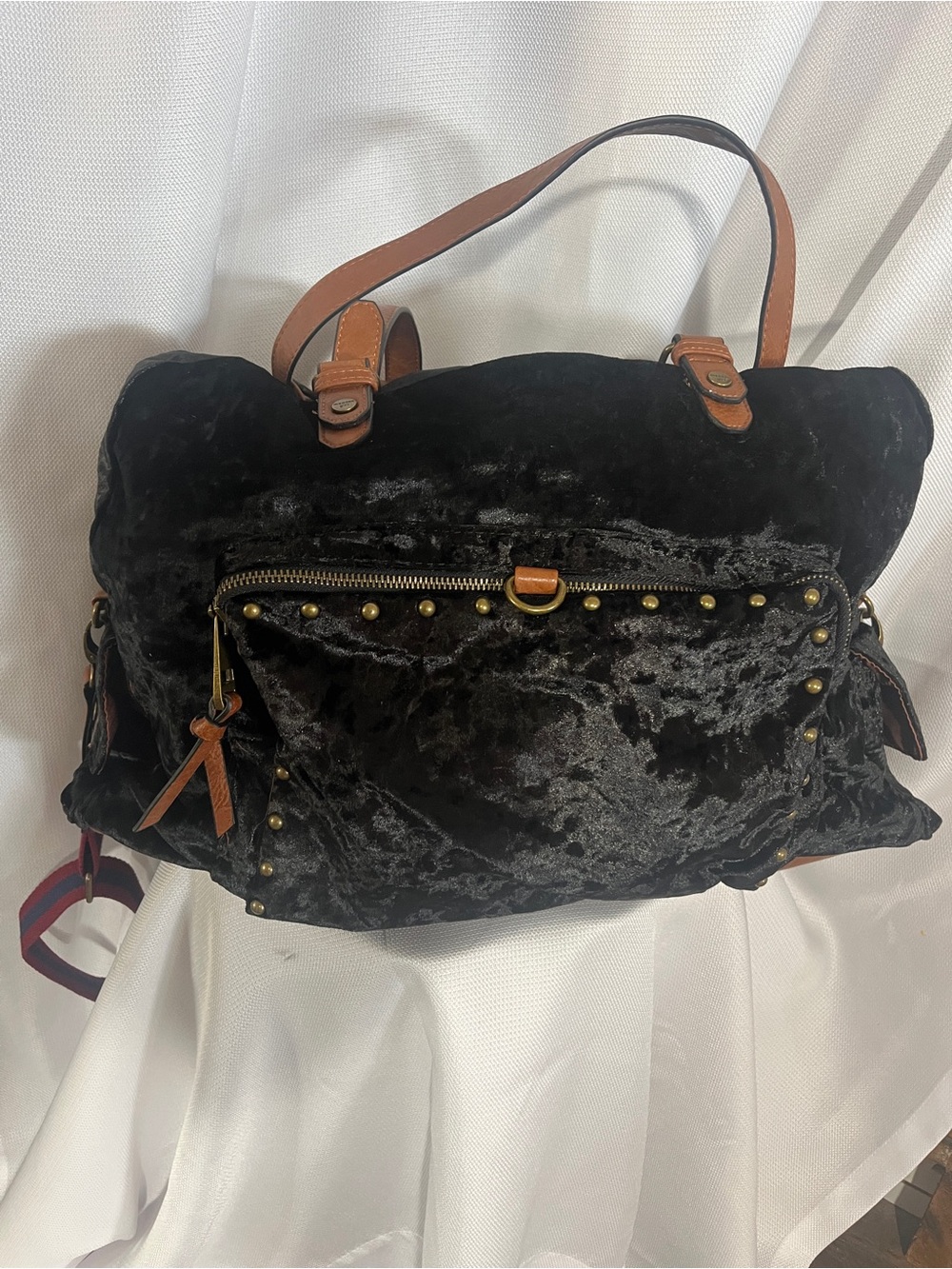 Plush Black Velvet Studded Travel Tote with Leather Accents Madden Girl